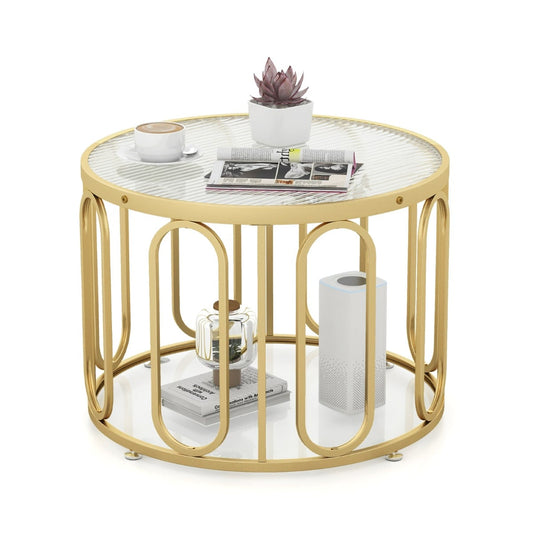 24 Inch Round Coffee Table with Reeded Tempered Glass Top-Golden