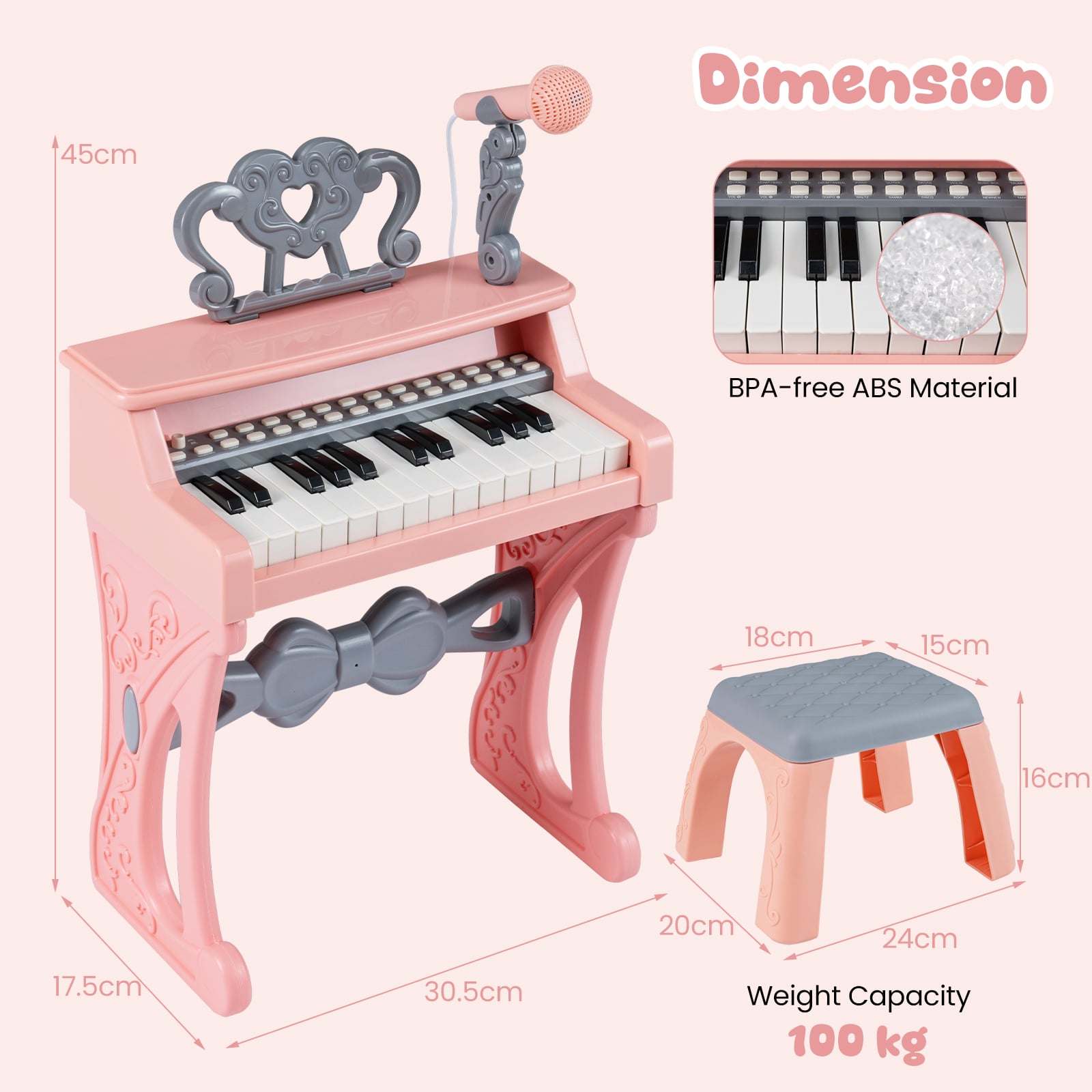 25 Keys Mini Keyboard Piano with Stool and Music Stand for 3+ Kids-Pink