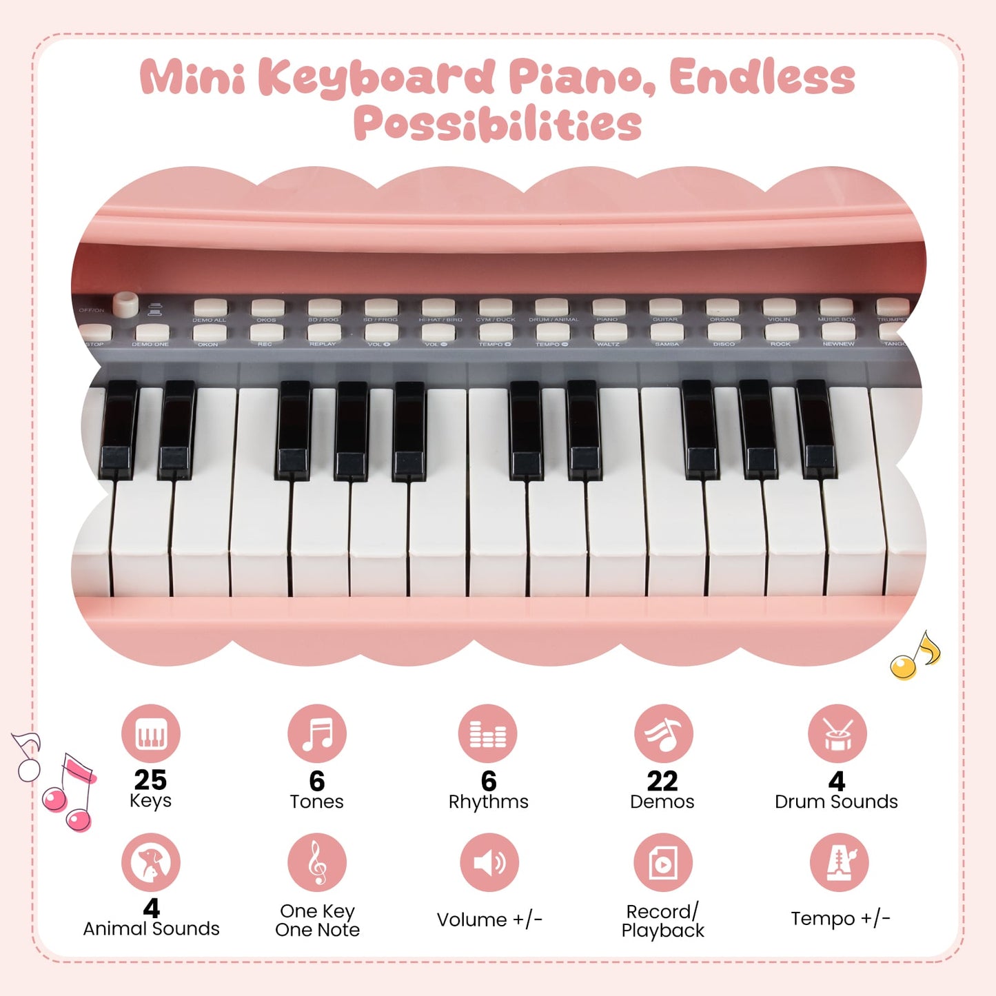 25 Keys Mini Keyboard Piano with Stool and Music Stand for 3+ Kids-Pink