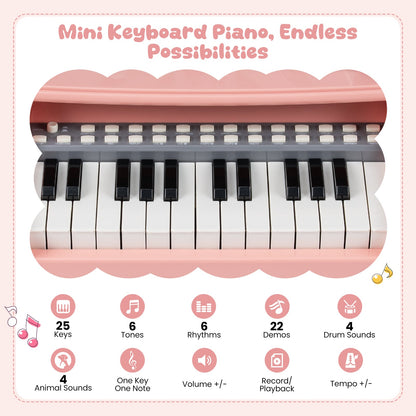 25 Keys Mini Keyboard Piano with Stool and Music Stand for 3+ Kids-Pink