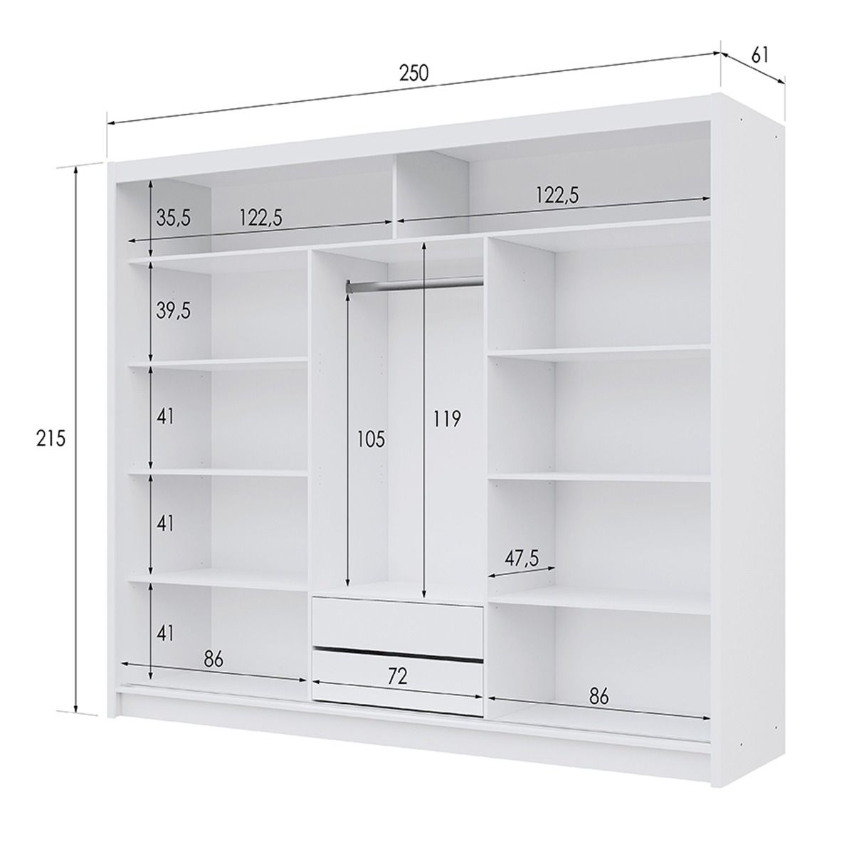 Sliding Wardrobe  HAMPSTEAD 3 Door Mirrored Wardrobe White 250cm