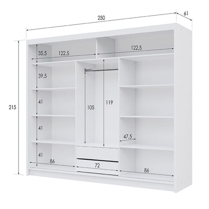 Sliding Wardrobe  HAMPSTEAD 3 Door Mirrored Wardrobe White 250cm