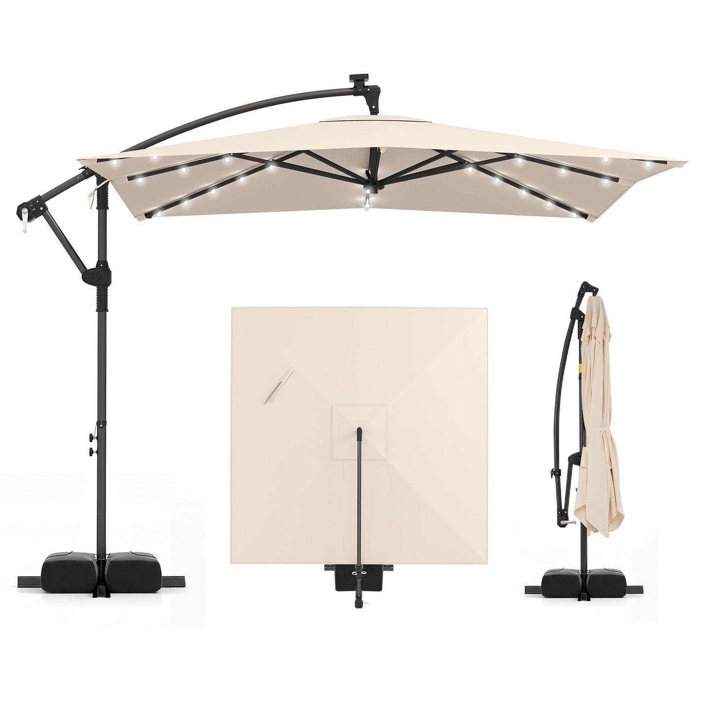 250 x 250 cm Solar LED Offset Cantilever Patio Umbrella Square Hanging Outdoor Market Umbrella-Beige