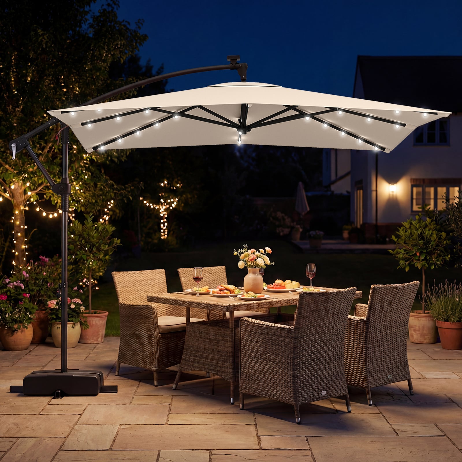 250 x 250 cm Solar LED Offset Cantilever Patio Umbrella Square Hanging Outdoor Market Umbrella-Beige