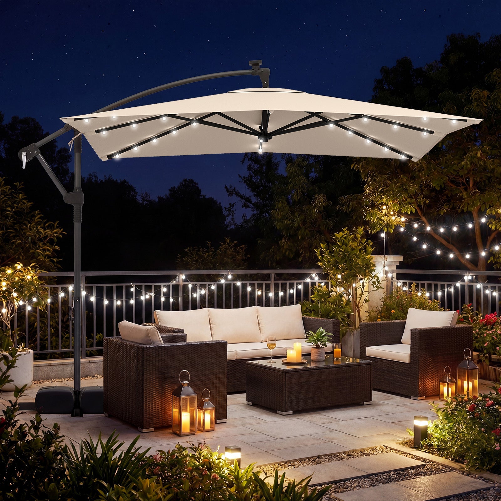 250 x 250 cm Solar LED Offset Cantilever Patio Umbrella Square Hanging Outdoor Market Umbrella-Beige