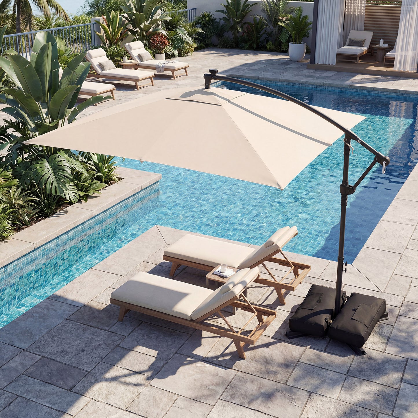 250 x 250 cm Solar LED Offset Cantilever Patio Umbrella Square Hanging Outdoor Market Umbrella-Beige