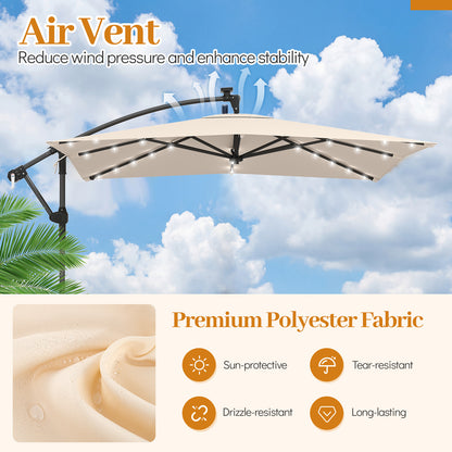 250 x 250 cm Solar LED Offset Cantilever Patio Umbrella Square Hanging Outdoor Market Umbrella-Beige