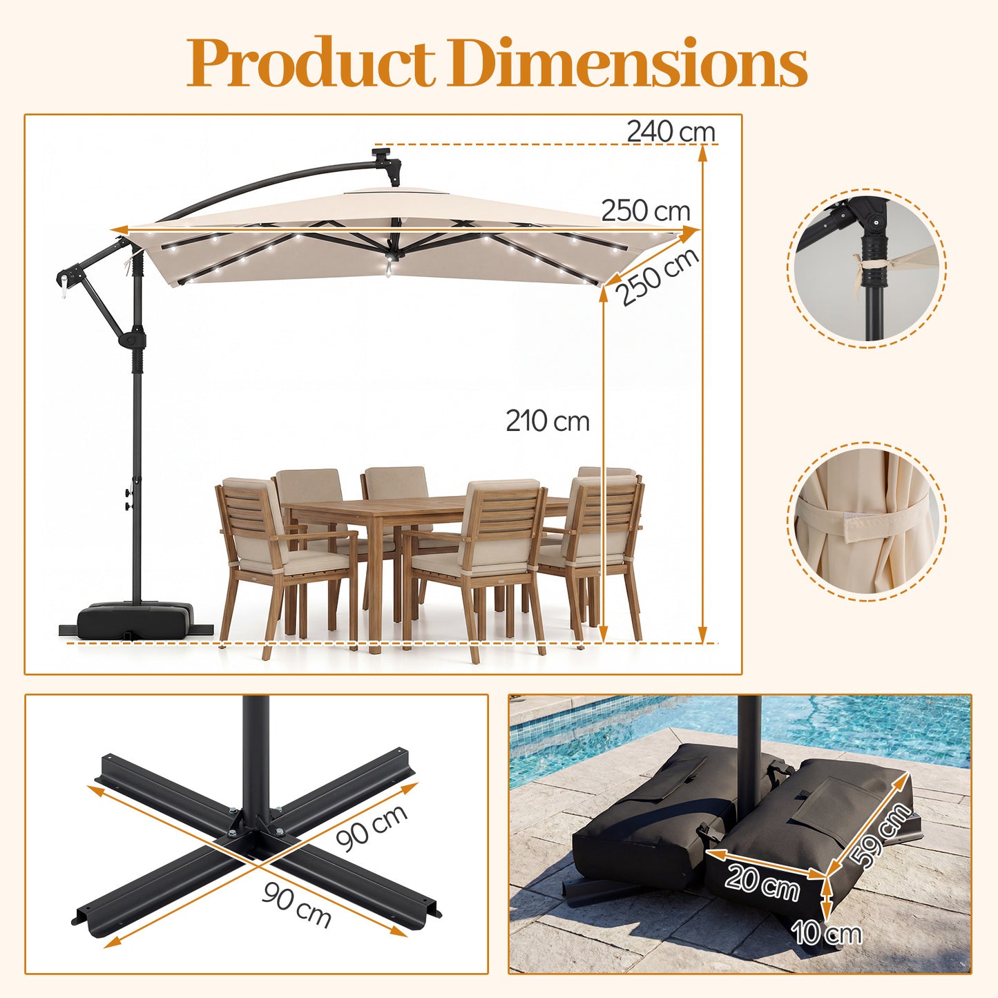250 x 250 cm Solar LED Offset Cantilever Patio Umbrella Square Hanging Outdoor Market Umbrella-Beige