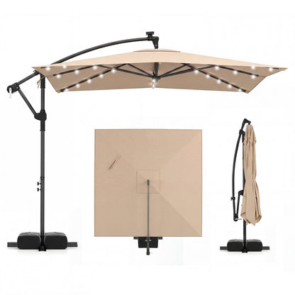 250 x 250 cm Solar LED Offset Cantilever Patio Umbrella Square Hanging Outdoor Market Umbrella-Brown