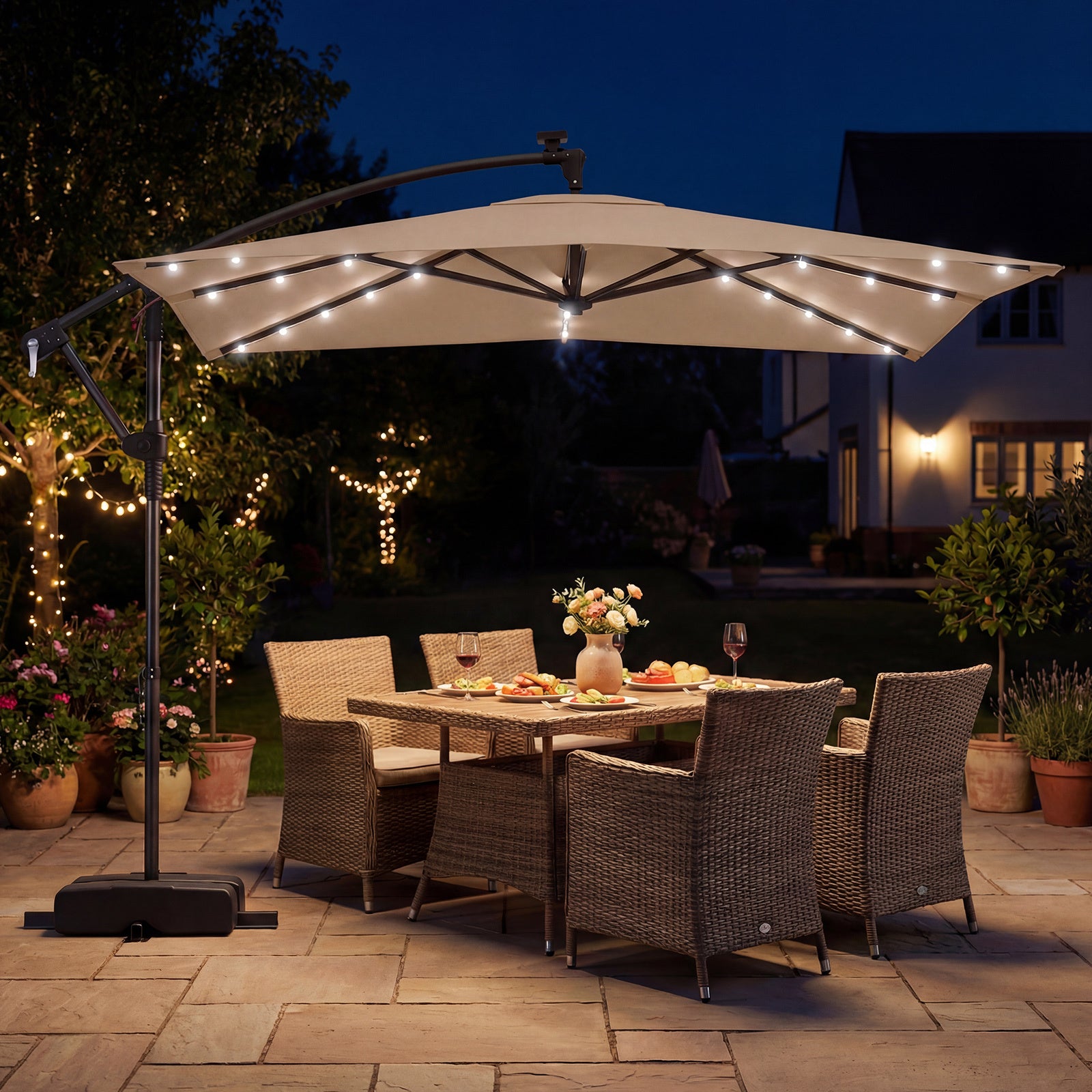250 x 250 cm Solar LED Offset Cantilever Patio Umbrella Square Hanging Outdoor Market Umbrella-Brown