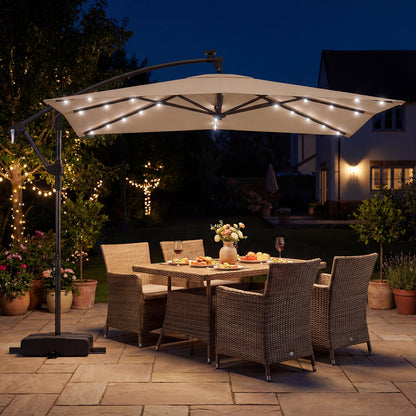 250 x 250 cm Solar LED Offset Cantilever Patio Umbrella Square Hanging Outdoor Market Umbrella-Brown