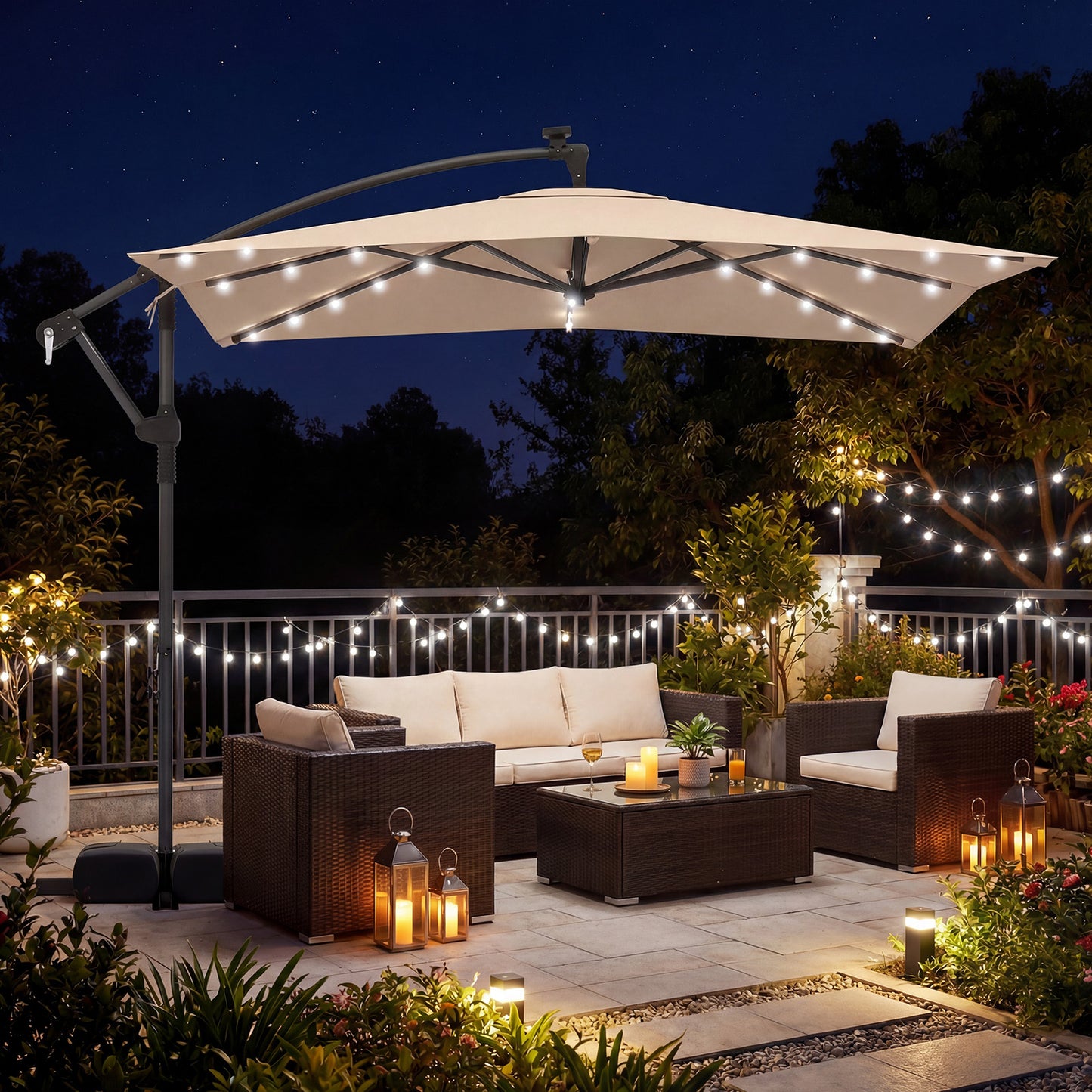 250 x 250 cm Solar LED Offset Cantilever Patio Umbrella Square Hanging Outdoor Market Umbrella-Brown