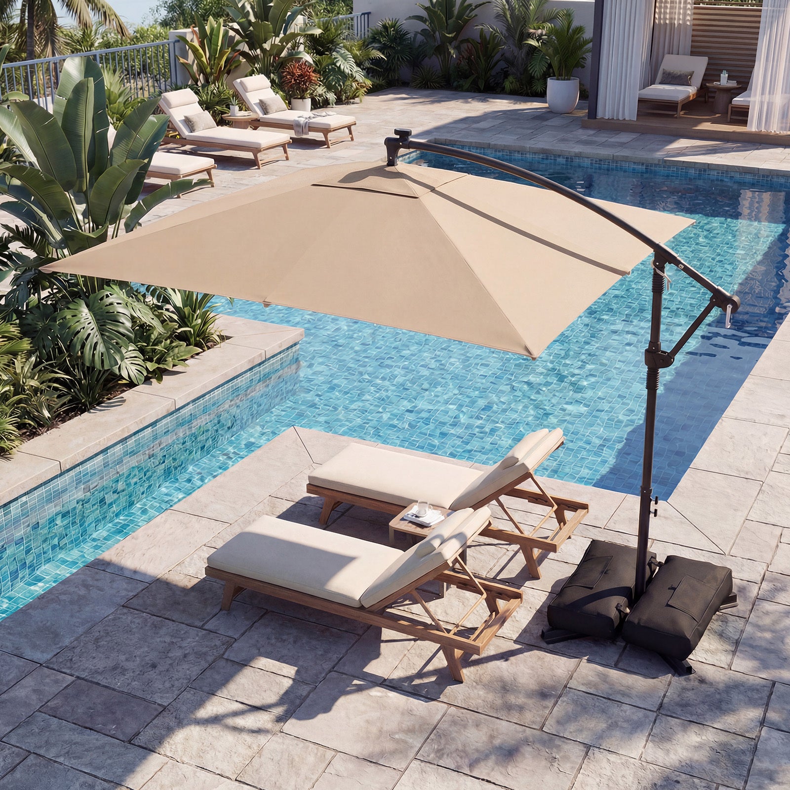 250 x 250 cm Solar LED Offset Cantilever Patio Umbrella Square Hanging Outdoor Market Umbrella-Brown