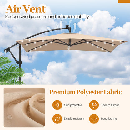 250 x 250 cm Solar LED Offset Cantilever Patio Umbrella Square Hanging Outdoor Market Umbrella-Brown