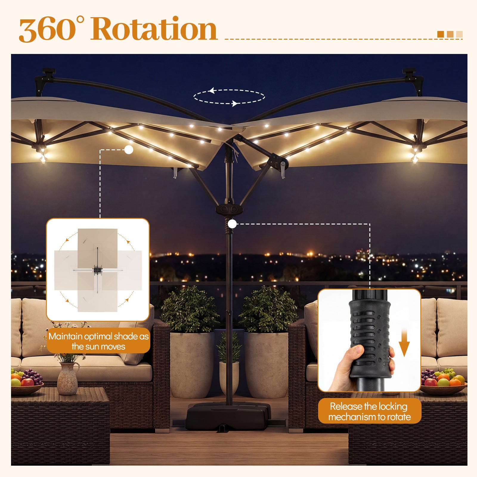 250 x 250 cm Solar LED Offset Cantilever Patio Umbrella Square Hanging Outdoor Market Umbrella-Brown