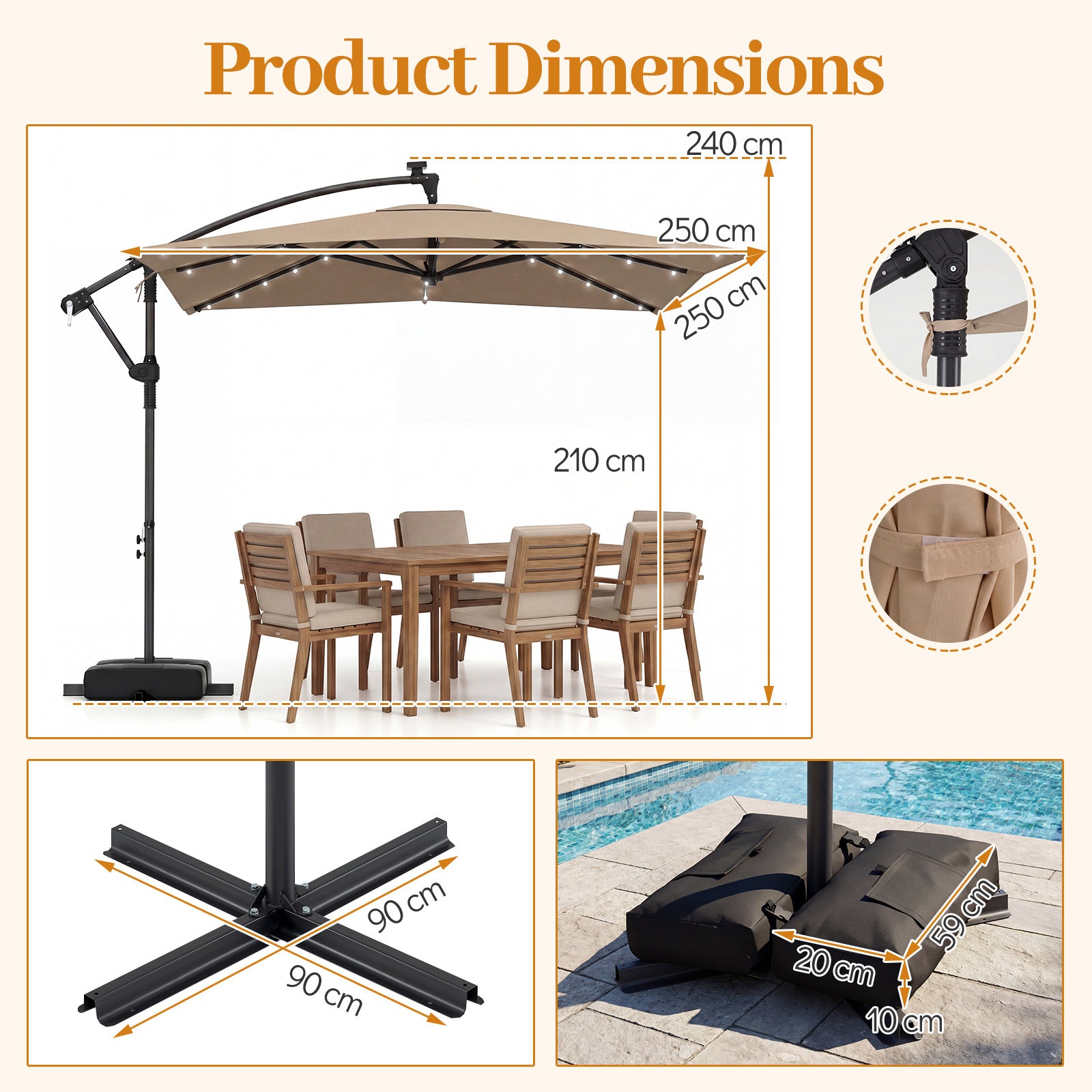 250 x 250 cm Solar LED Offset Cantilever Patio Umbrella Square Hanging Outdoor Market Umbrella-Brown