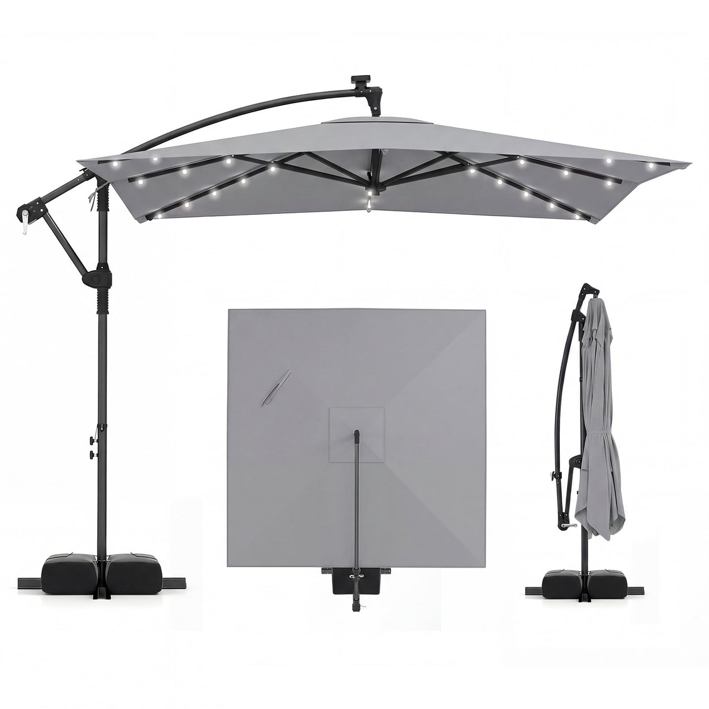 250 x 250 cm Solar LED Offset Cantilever Patio Umbrella Square Hanging Outdoor Market Umbrella-Grey