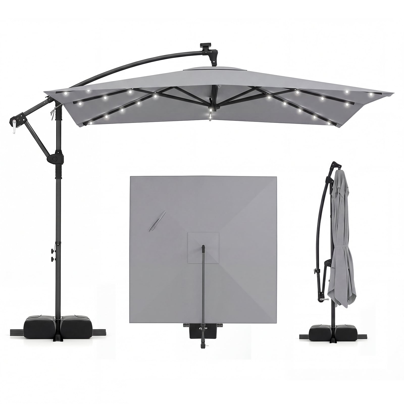 250 x 250 cm Solar LED Offset Cantilever Patio Umbrella Square Hanging Outdoor Market Umbrella-Grey