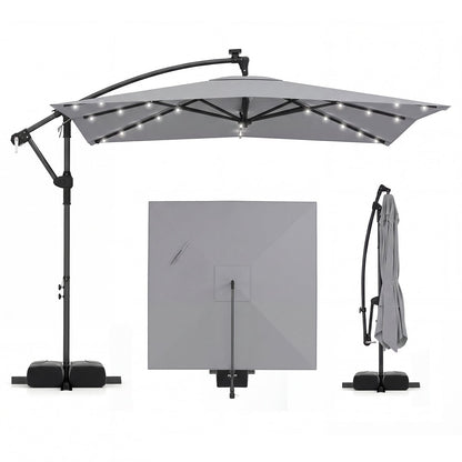 250 x 250 cm Solar LED Offset Cantilever Patio Umbrella Square Hanging Outdoor Market Umbrella-Grey