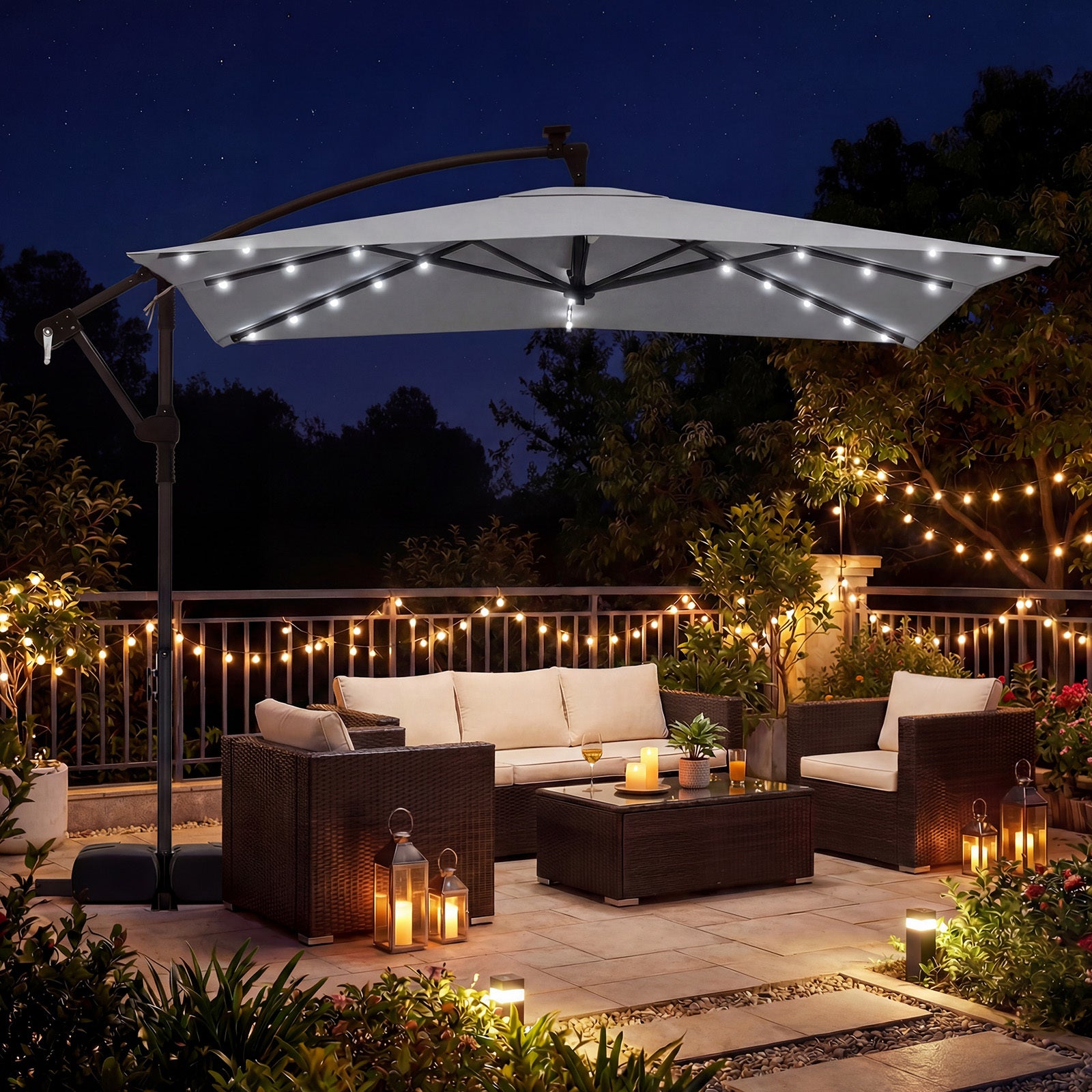 250 x 250 cm Solar LED Offset Cantilever Patio Umbrella Square Hanging Outdoor Market Umbrella-Grey