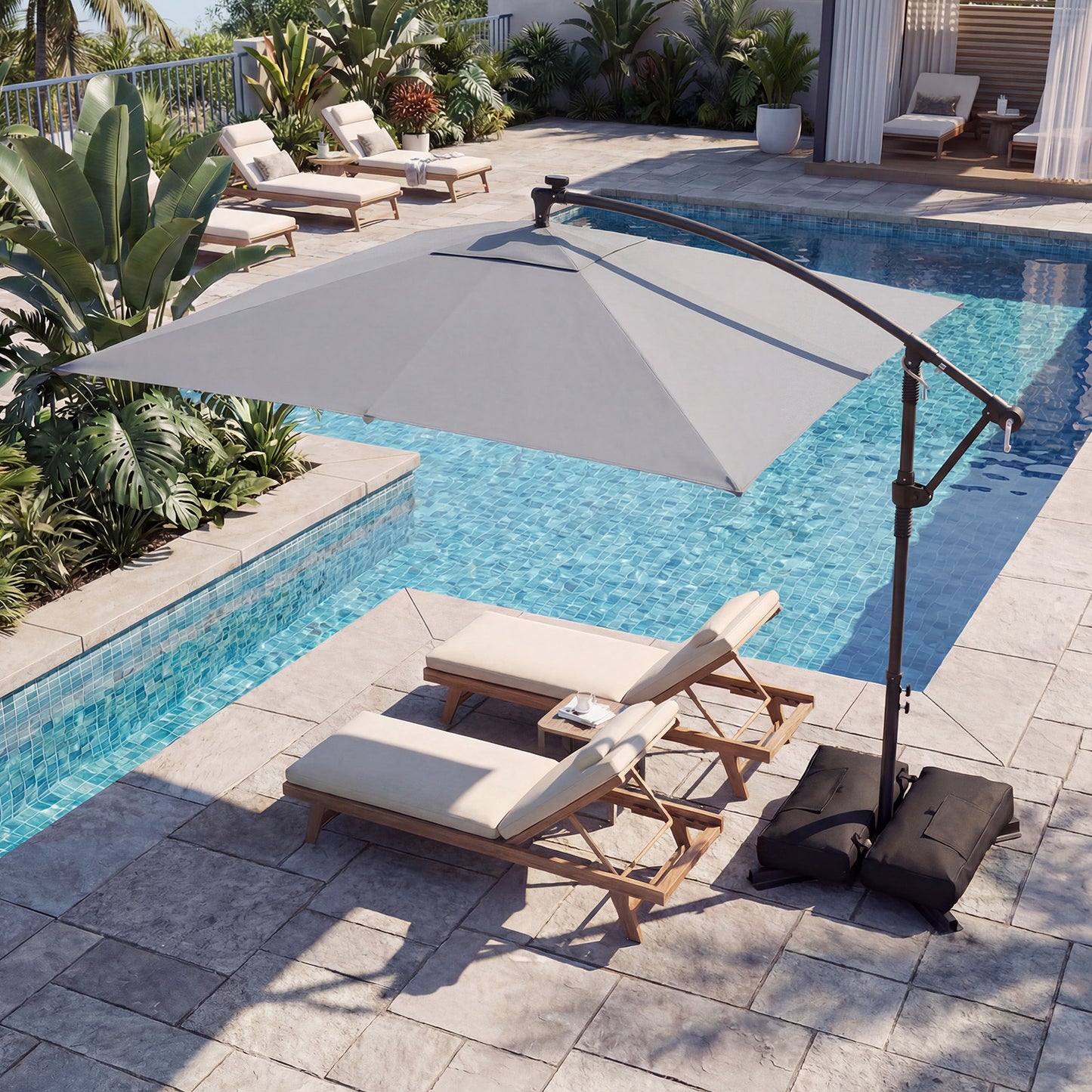 250 x 250 cm Solar LED Offset Cantilever Patio Umbrella Square Hanging Outdoor Market Umbrella-Grey
