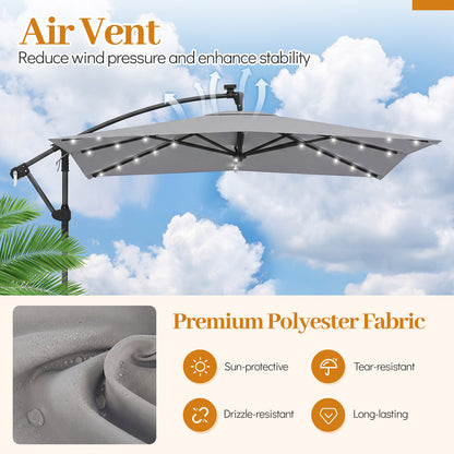 250 x 250 cm Solar LED Offset Cantilever Patio Umbrella Square Hanging Outdoor Market Umbrella-Grey
