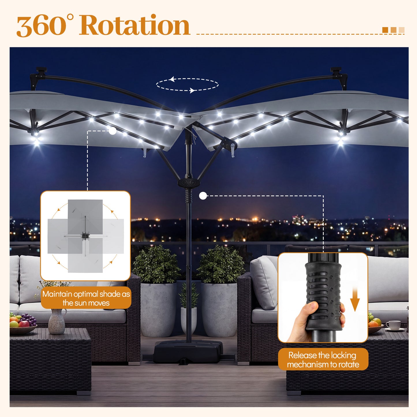 250 x 250 cm Solar LED Offset Cantilever Patio Umbrella Square Hanging Outdoor Market Umbrella-Grey