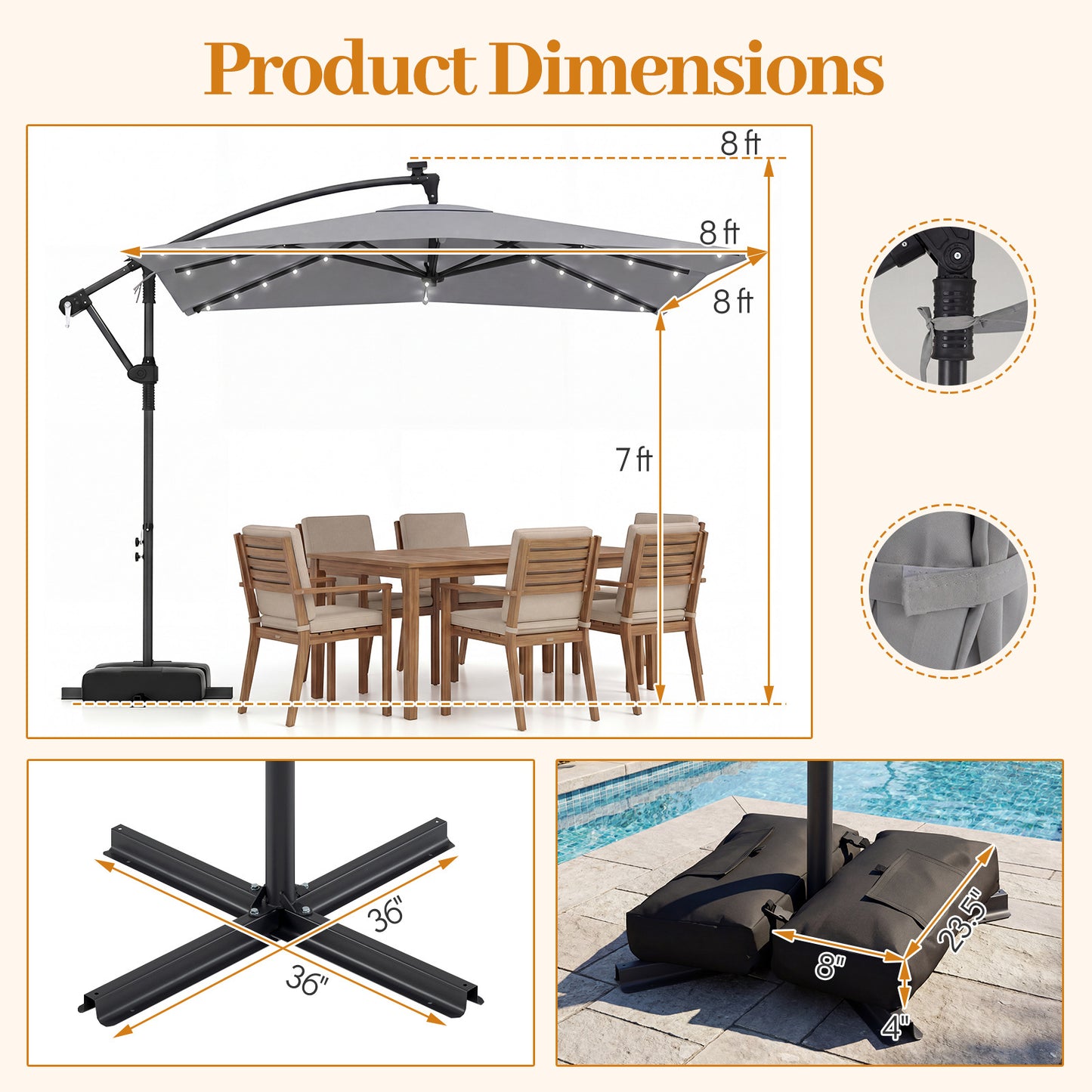 250 x 250 cm Solar LED Offset Cantilever Patio Umbrella Square Hanging Outdoor Market Umbrella-Grey
