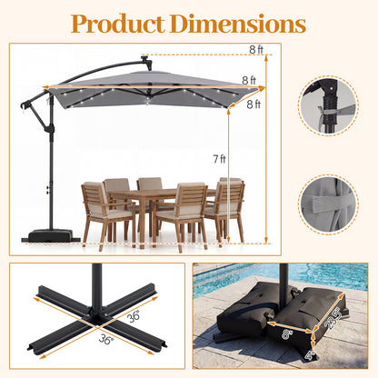 250 x 250 cm Solar LED Offset Cantilever Patio Umbrella Square Hanging Outdoor Market Umbrella-Grey