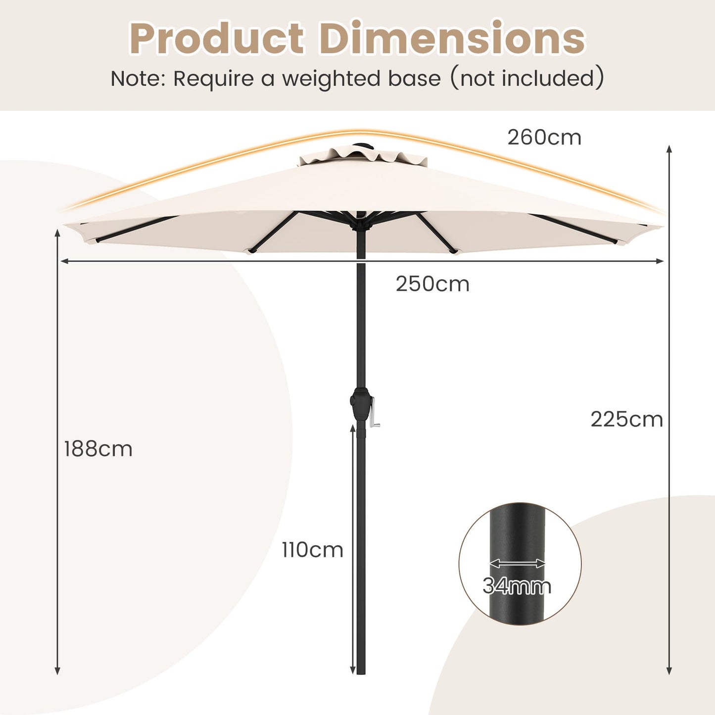 250 cm Patio Umbrella Outdoor Heavy Duty Market Umbrella-Beige