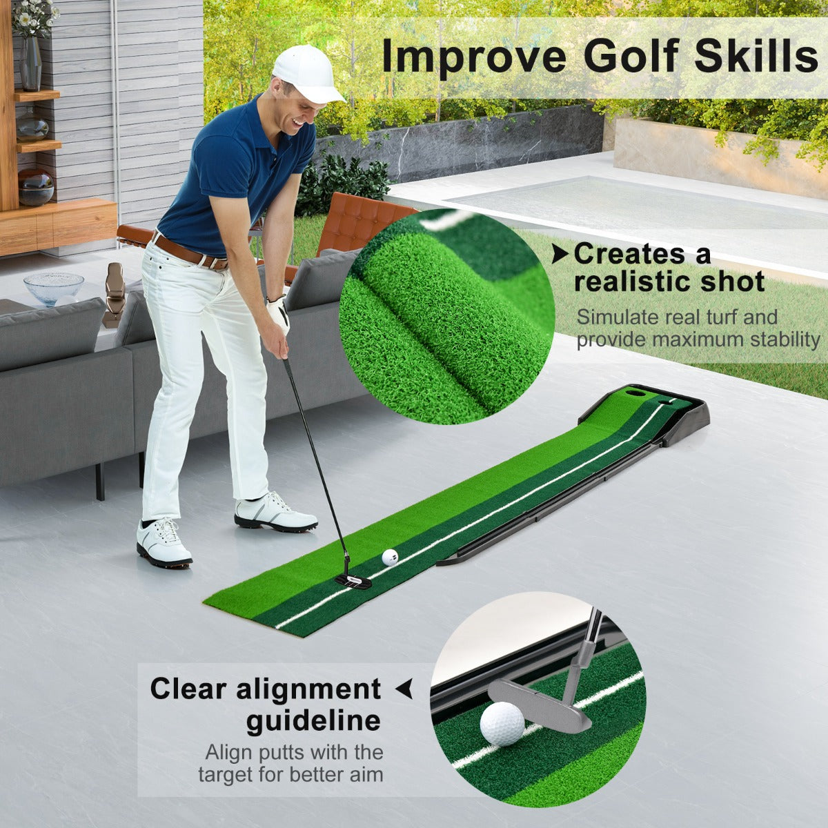 250 CM Putting Premium Golf Practice Turf with Auto Ball Return Track