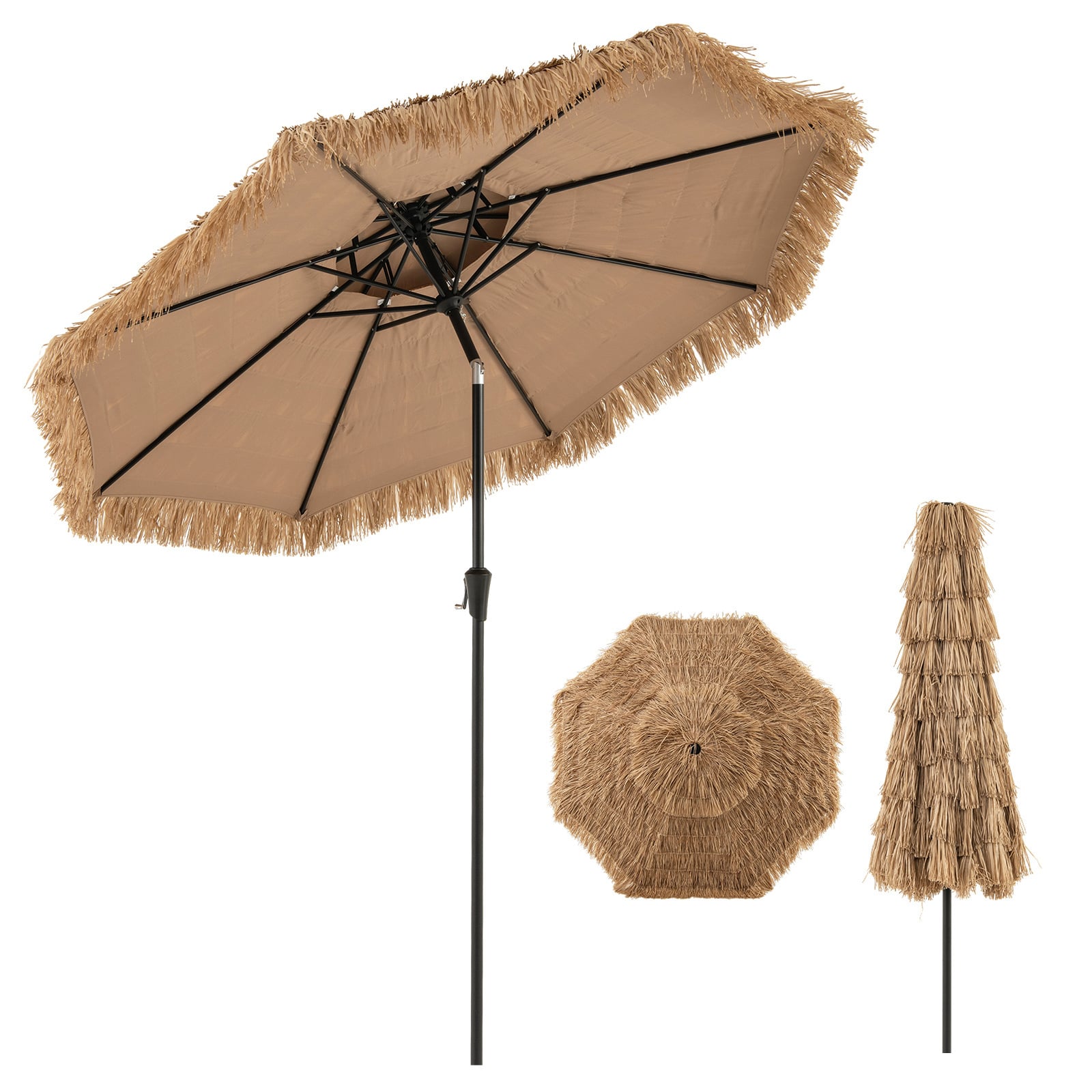 250cm Hawaiian Style Umbrella Thatched Tiki Umbrella with 8 Ribs