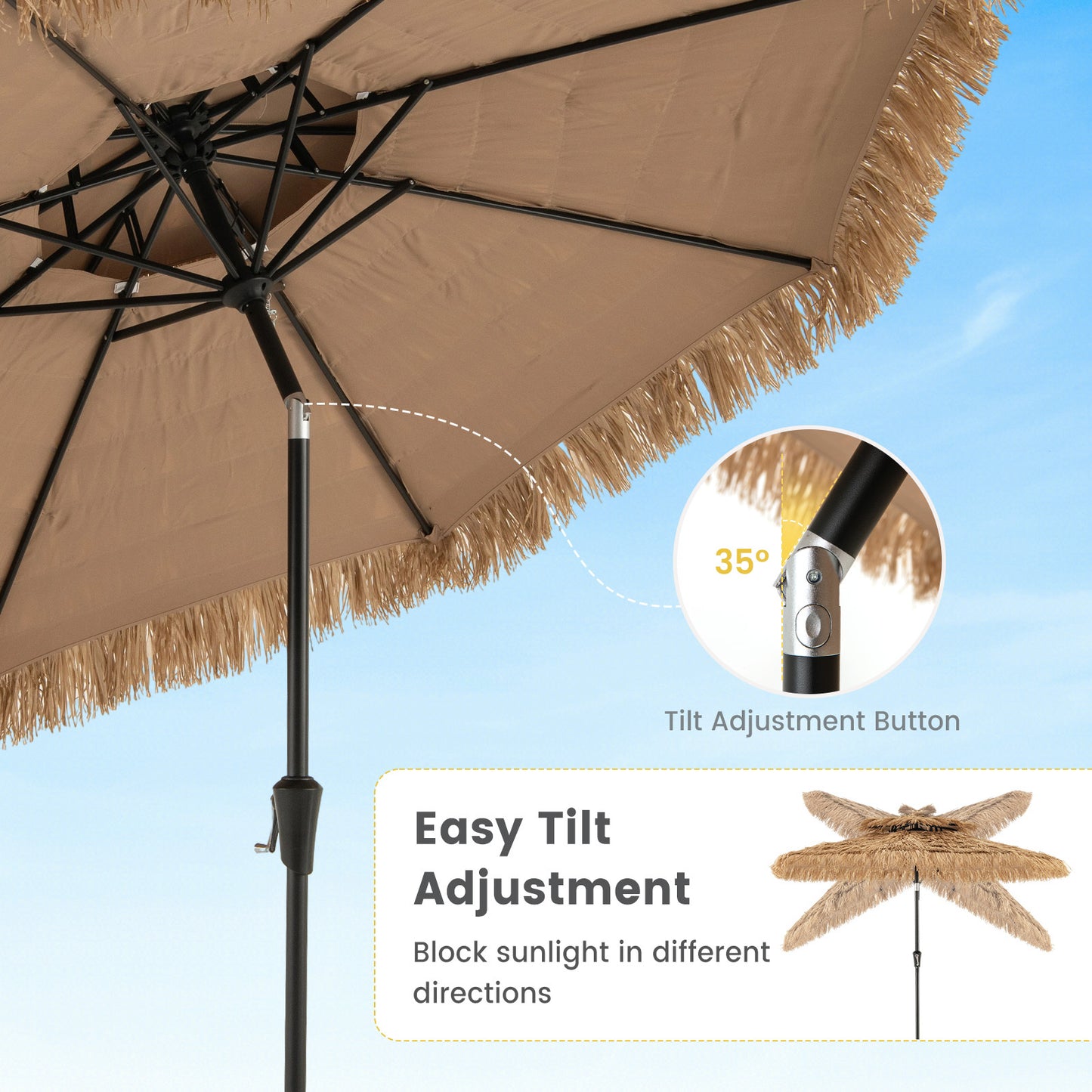 250cm Hawaiian Style Umbrella Thatched Tiki Umbrella with 8 Ribs