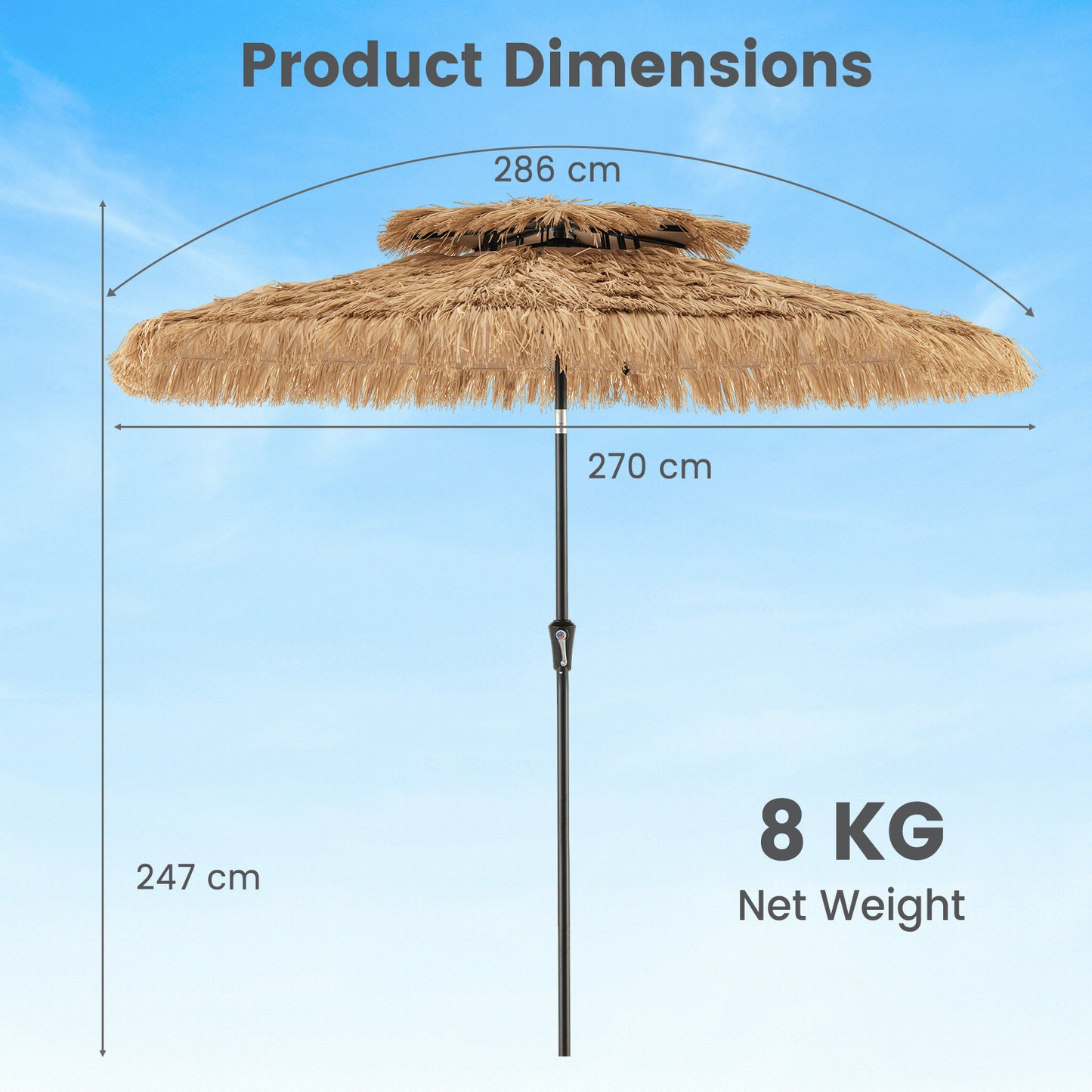250cm Hawaiian Style Umbrella Thatched Tiki Umbrella with 8 Ribs