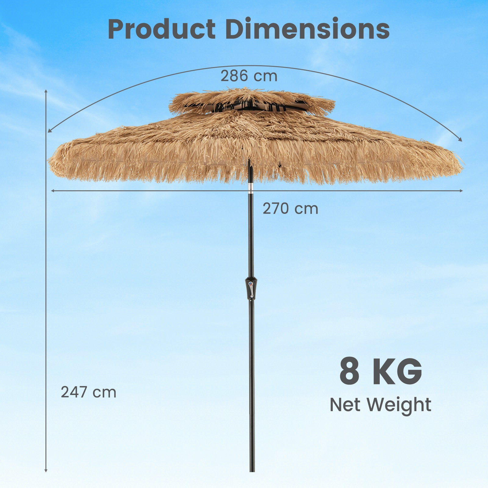 250cm Hawaiian Style Umbrella Thatched Tiki Umbrella with 8 Ribs