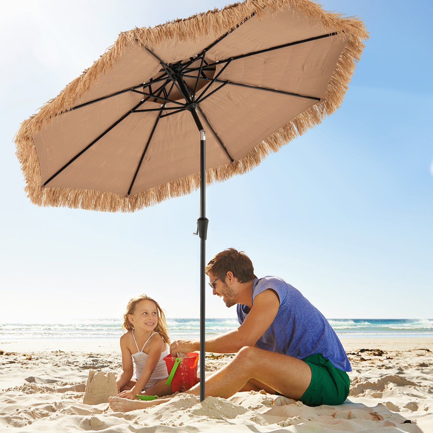 250cm Hawaiian Style Umbrella Thatched Tiki Umbrella with 8 Ribs