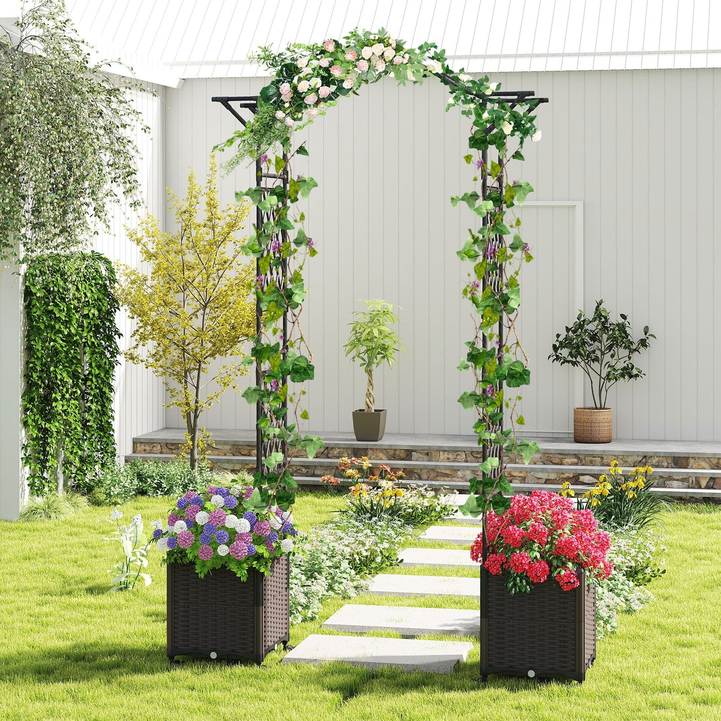 207 x 250 cm Garden Arch Trellis with 2 Self-Watering Planter Boxes-Black