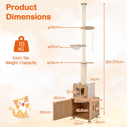 256-275 cm Adjustable Floor to Ceiling Cat Tree-Brown