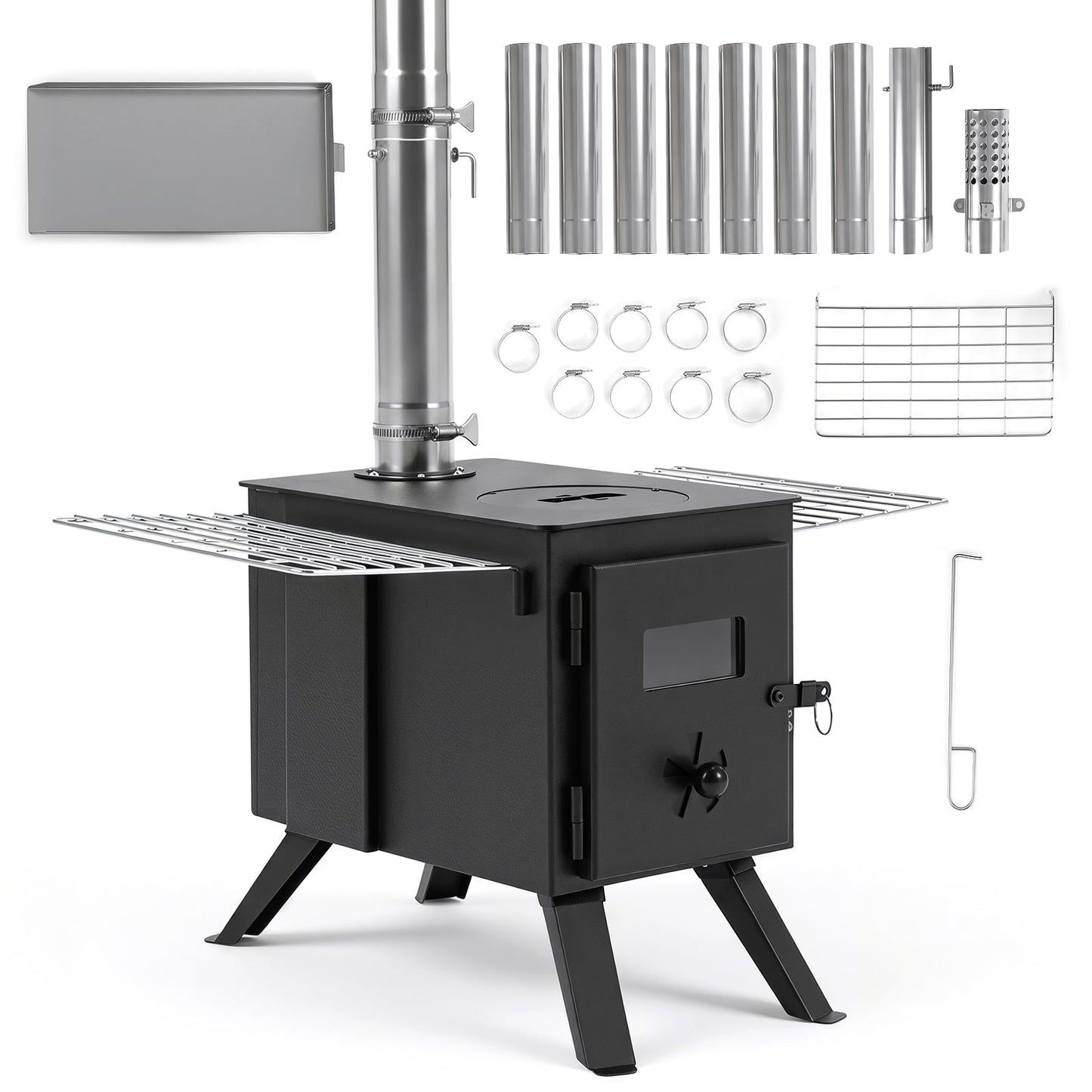 257 cm Wood Burning Stove with 8 Chimney Pipes and Spark Arrestor-Black
