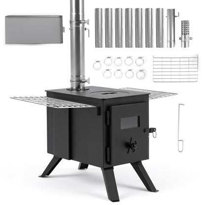257 cm Wood Burning Stove with 8 Chimney Pipes and Spark Arrestor-Black