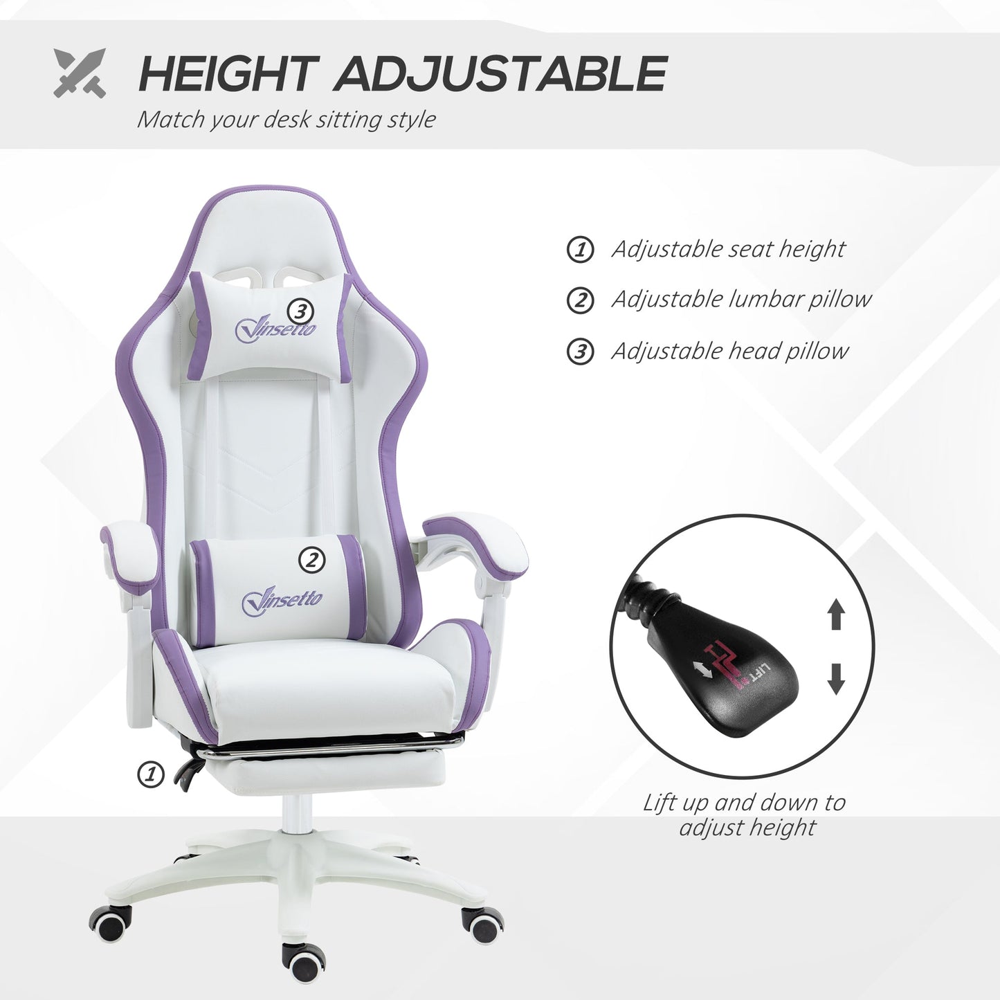 Vinsetto Computer Gaming Chair, PU Leather Desk Chair with Footrest, Swivel Task Chair with 135¡ Reclining Back and Lumbar Support, PC Chair for Adults, White and Purple