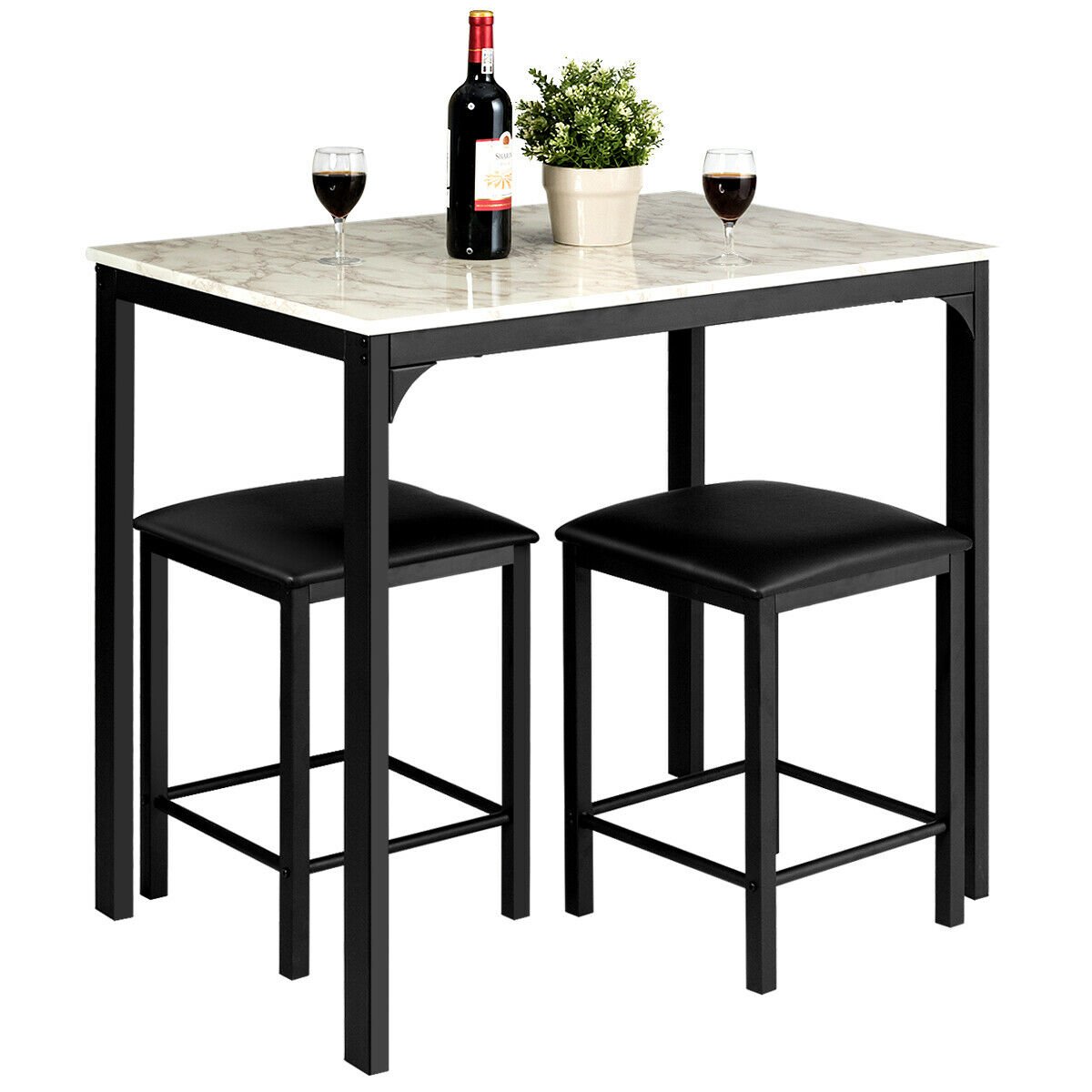 3 Piece Dining Table Set with 2 Faux Leather Backless Stools-White