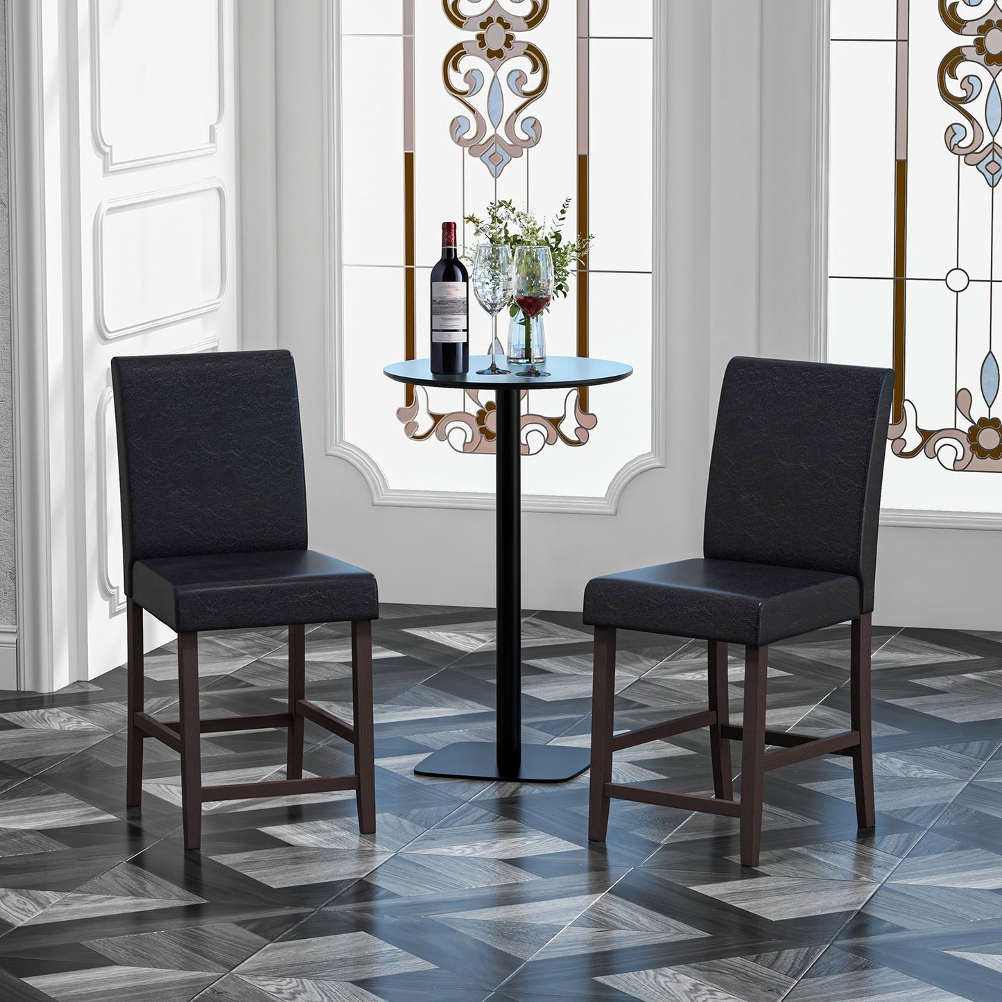 Set of 2 Counter Height Bar Stools with Rubber Wood Legs and Ergonomic Back