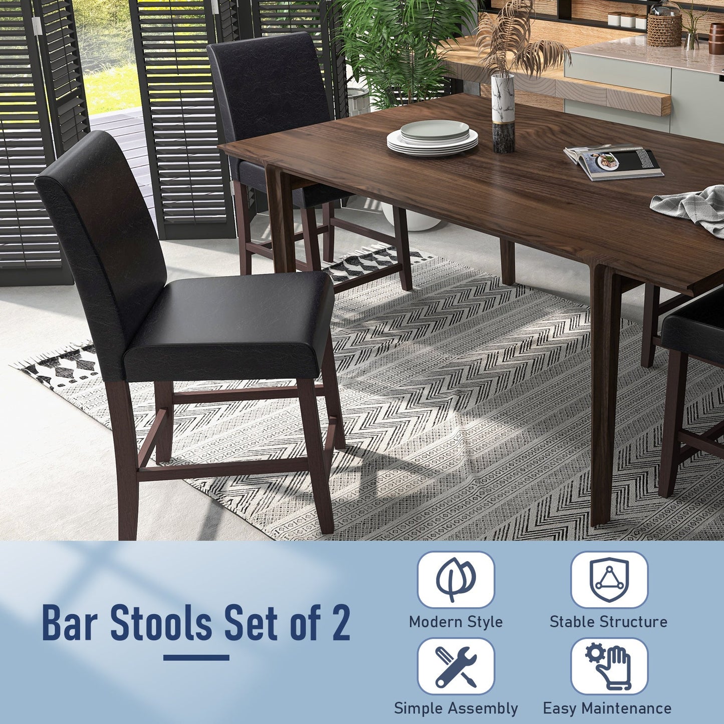 Set of 2 Counter Height Bar Stools with Rubber Wood Legs and Ergonomic Back