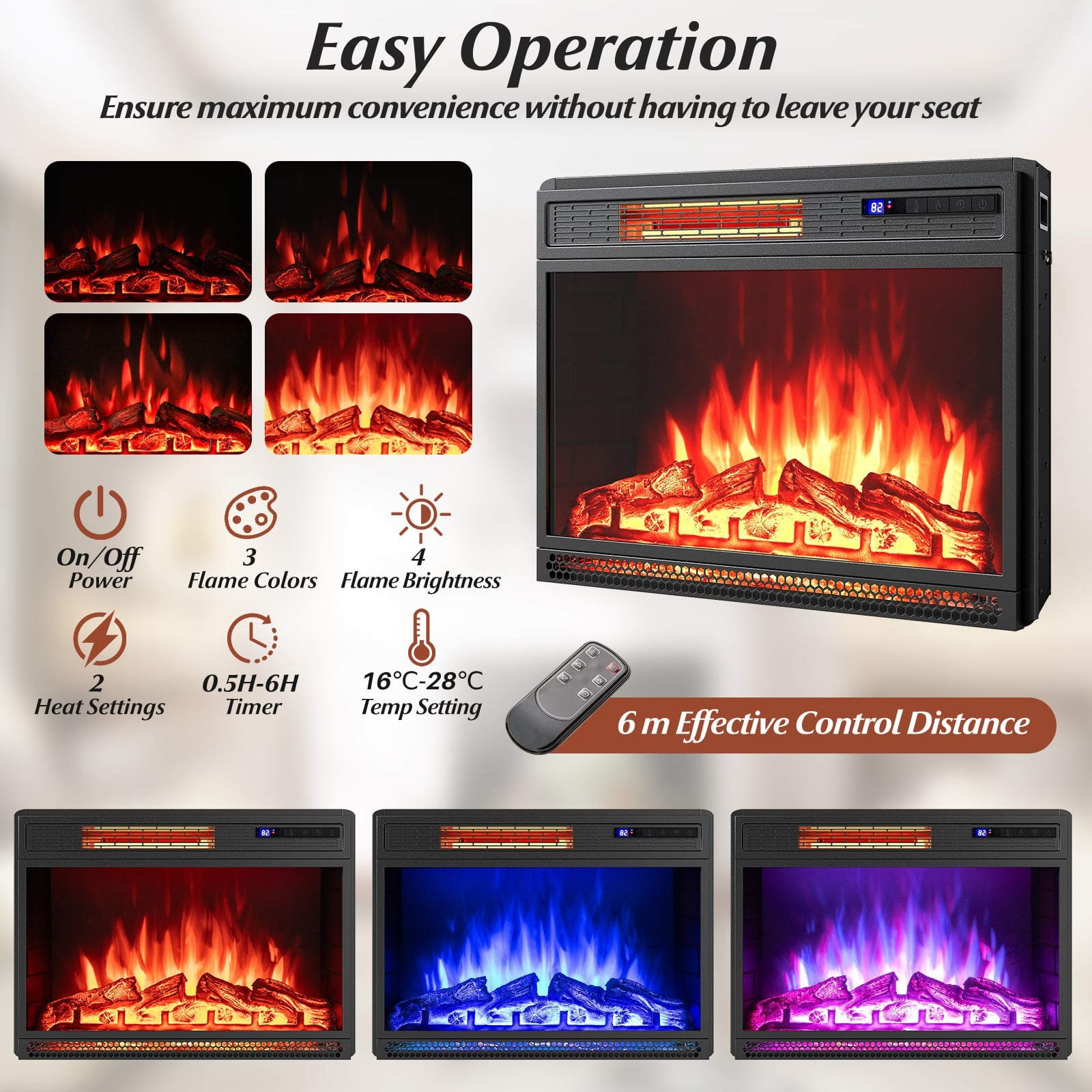 25 Inch Electric Fireplace Insert Recessed Infrared Fireplace Heater 900W/1800W