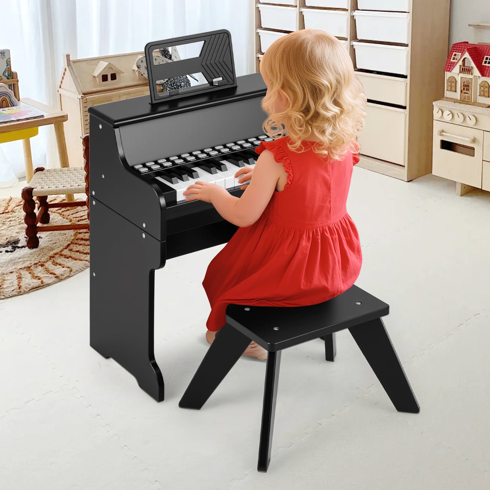 25 Lighted Keys Kids Piano Keyboard with Stool and Adjustable Speed-Black