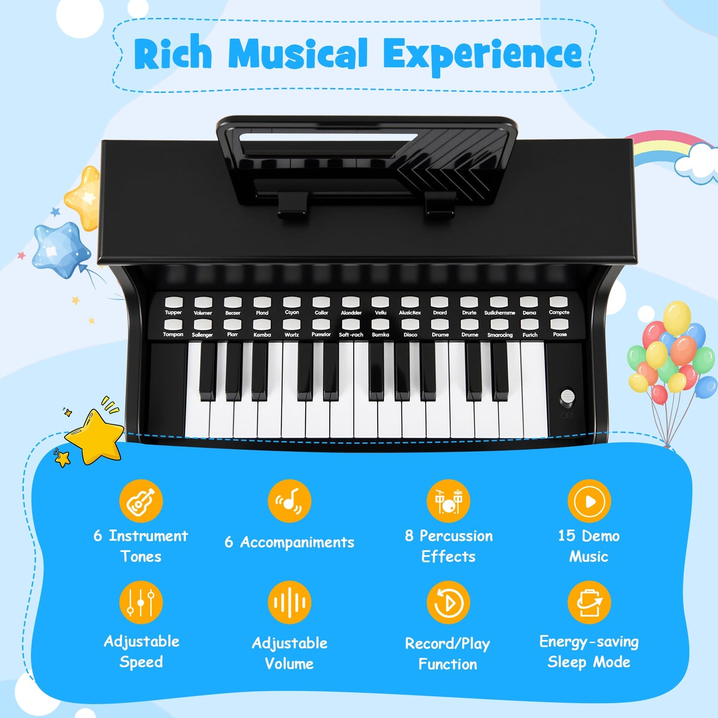 25 Lighted Keys Kids Piano Keyboard with Stool and Adjustable Speed-Black
