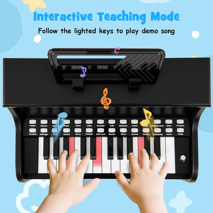 25 Lighted Keys Kids Piano Keyboard with Stool and Adjustable Speed-Black