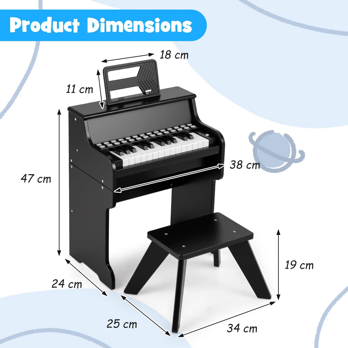 25 Lighted Keys Kids Piano Keyboard with Stool and Adjustable Speed-Black