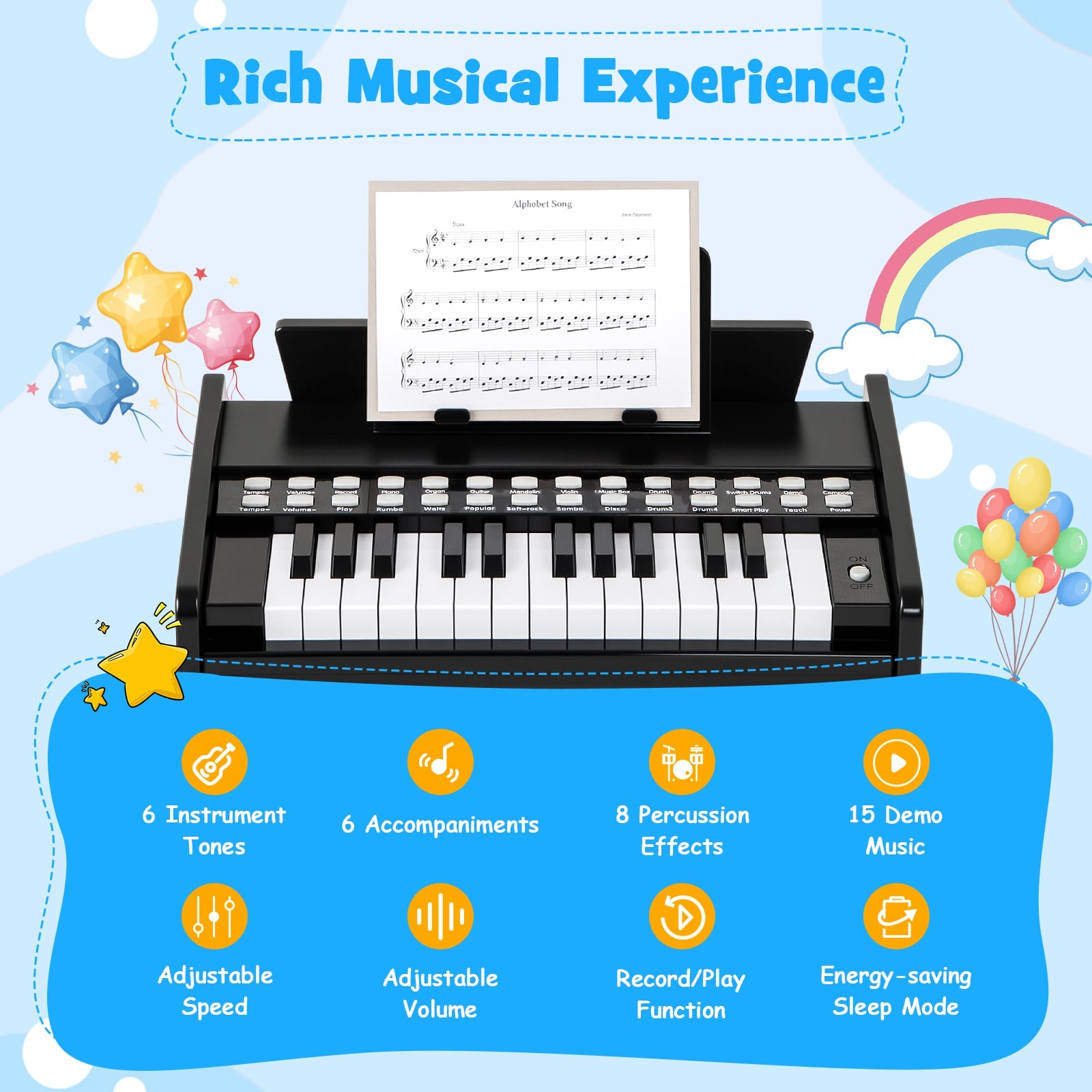 25 Lighted Keys Kids Piano Keyboard Mini Digital Piano Wooden Toy-Black